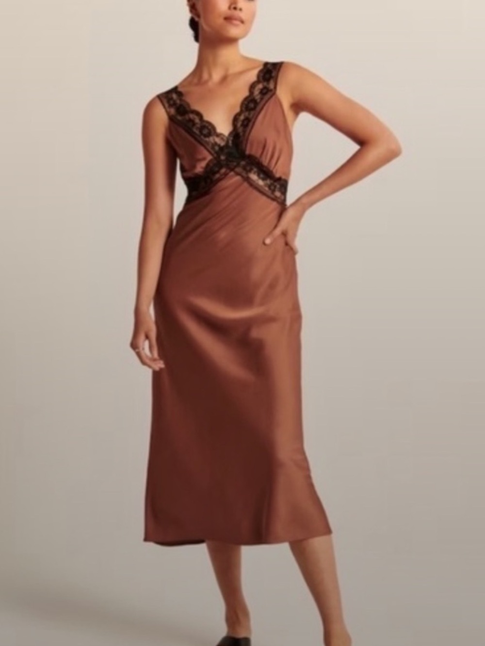 Abercrombie Women’s Brown Satin Black Lace Sleeveless Slip Midi Dress Size SP